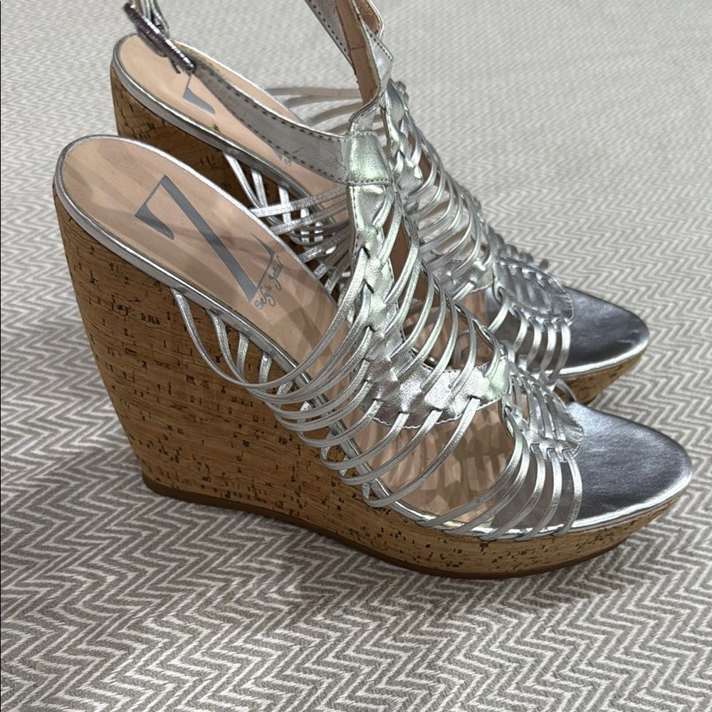 Sergio Zelcer Silver Strappy Wedge Sandals with Ankle Strap Size 9